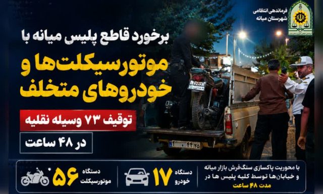 توقیف ۵۶ موتورسیکلت و ۱۷ خودرو در میانه